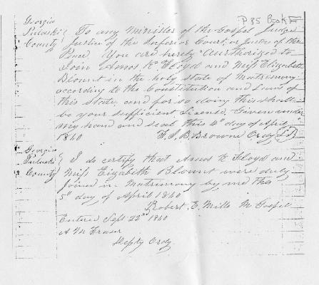 Marriage Certificate of Amos Floyd and Elizabeth Blount